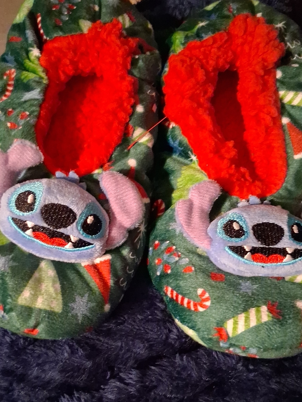 Womens Green Christmas Stitch Plush Onesie Slippers with Red Lining